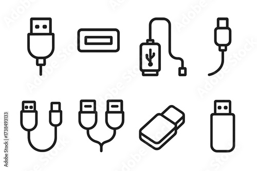 USB Icon Set. Outline icon set of USB connectors: male USB plug, female USB port, USB socket, USB cable, USB adapter, USB extension, USB splitter, USB dongle.
