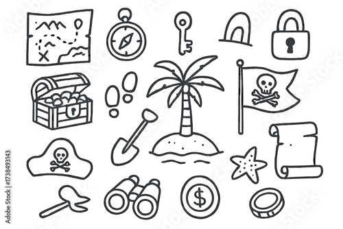 Pirate Treasure Icons. Hand-drawn doodle illustration find treasure treasure chest, map, compass, key, lock, shovel, footprint, pirate hat, flag, island,