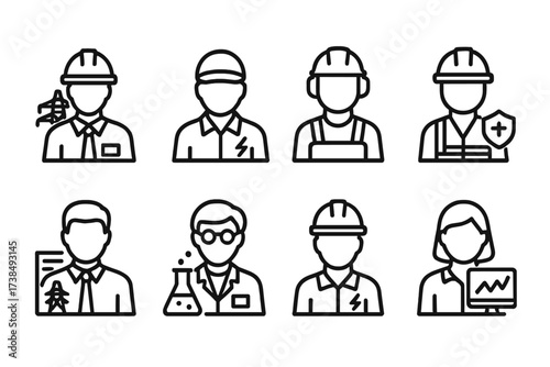 Energy Industry Icons. Outline icon set of energy industry roles: engineer, technician, operator, safety officer, project manager, scientist, electrician,