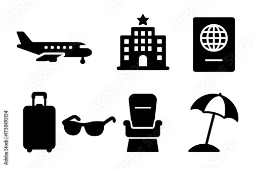 Luxury Travel Icons. Solid, filled icon set of luxury travel: private jet, cruise ship, luxury hotel, passport, suitcase, sunglasses, first-class seat, beach