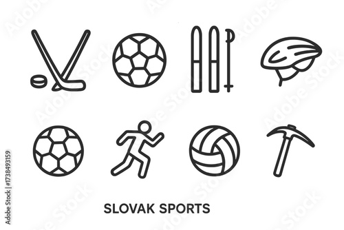 Cultural Icon Sets. Outline icon set of Slovak sports: ice hockey stick, football ball, skiing, cycling helmet, handball, athletics, volleyball, mountaineering