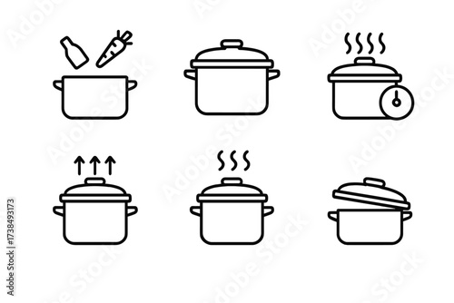 Pressure Cooker Icons. Outline icon set of pressure cooker usage steps: add ingredients, close lid, set timer, build pressure, cook, release steam, open lid,