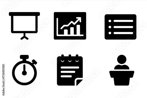 Presentation Icons Grid. Solid, filled icon set of presentation elements: slide, chart, graph, bullet list, timer, notes, audience, podium. [Line icons in only