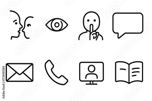 Icon Sets Communication & Vows. Outline icon set of deep gaze communication: whispering face, eye wink, finger on lips, hush gesture, message bubble, envelope,