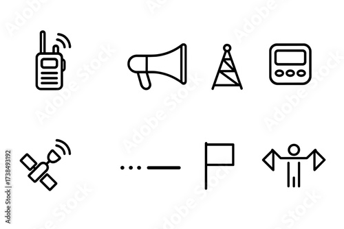 Communication Signal Icons. Outline icon set of communication signals: walkie-talkie, megaphone, radio transmitter, pager, satellite, Morse code, signal flag,