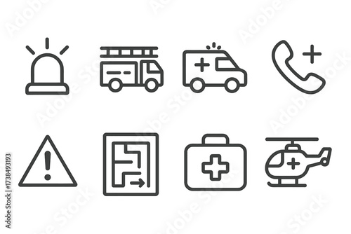 Emergency Services Icons. Outline icon set of emergency services: siren, fire truck, ambulance, emergency phone, hazard sign, evacuation plan, first aid kit,