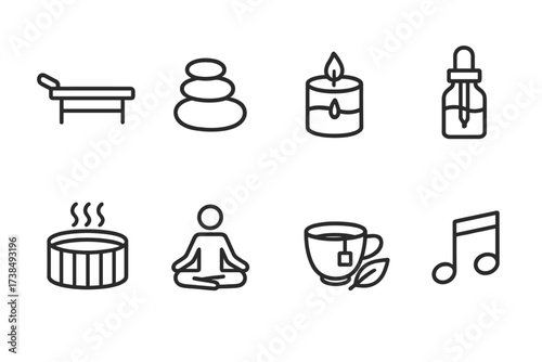 VIP Relaxation Icons. Outline icon set of VIP relaxation and wellness: spa bed, massage stone, scented candle, essential oil, hot tub, yoga pose, herbal tea,