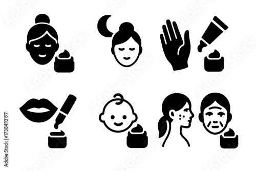 Cream Balm Icon Set. Solid, filled icon set of cream balm usage: daily moisturizing, night care, hand treatment, lip care, baby skin care, soothing rash, after
