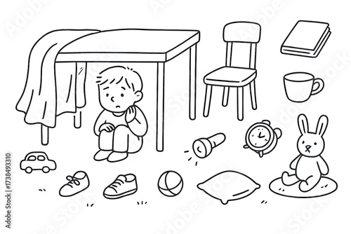 Child's Cozy Hideout. Hand-drawn doodle illustration Child hiding under table small person, table legs, chair, toy car, blanket, shoe, ball, flashlight,