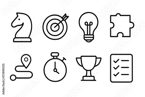 Influence Strategy Icons. Outline icon set of influence strategy: chess knight, target, light bulb, puzzle piece, roadmap, stopwatch, trophy, checklist. Line