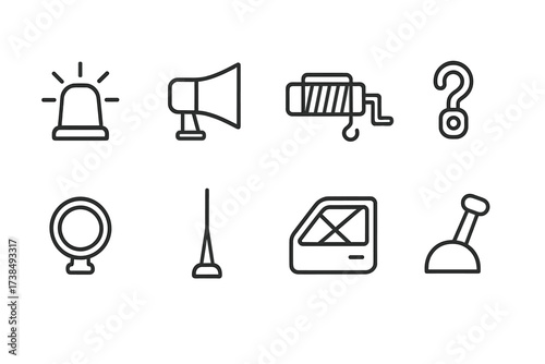 Vehicle Equipment Icons. Outline icon set of vehicle equipment and accessories: siren light, loudspeaker, winch, tow hook, spotlight, antenna, reinforced