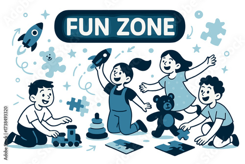 Vibrant Toy Wonderland. Toy shop. Kids playing with colorful toys under a glowing ?Fun Zone? sign. Floating icons of rockets, teddy bears, and puzzles add