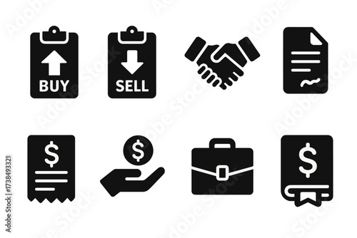 Wall Street Icon Set. Solid, filled icon set of Wall Street transactions: buy order, sell order, handshake, contract, invoice, payment, portfolio, ledger.