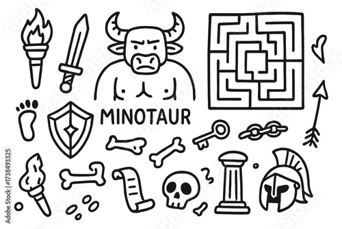 Minotaur Maze Adventure. Hand-drawn doodle illustration minotaur maze adventure minotaur, maze, torch, sword, shield, footprints, key, chains, skull, pillar,