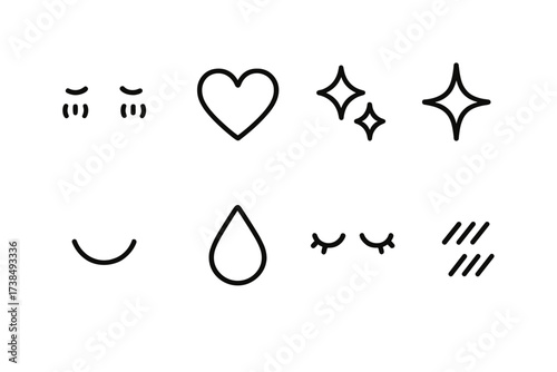 Blush Icon Set. Outline icon set of blush symbols: red cheeks, heart, sparkles, stars, smile, sweat drop, eyes closed, blushing lines. Line icons in only black