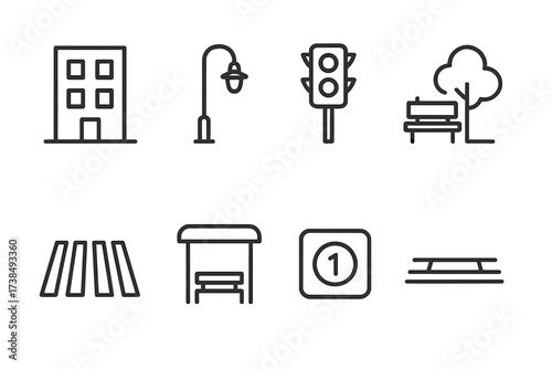 Urban and Mailing Icons. Outline icon set of urban address: building, streetlight, traffic light, park bench, crosswalk, bus stop, street number plate,