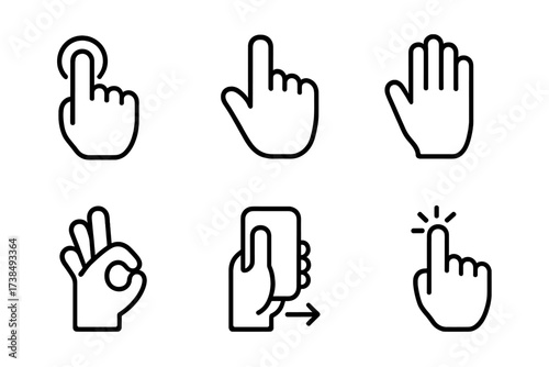 Touch Icon Set. Outline icon set of touch interaction: finger tap, hand pointer, hand holding phone, palm, hand gesture, hand swipe, finger drag, hand click.