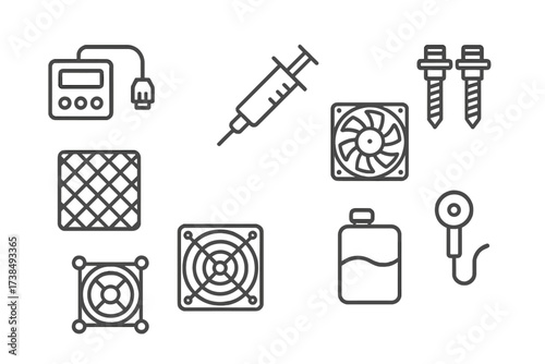 Icon Set Outline. Outline icon set of cooler accessories: fan controller, thermal paste syringe, radiator fan, mounting screws, dust filter, fan grill, coolant