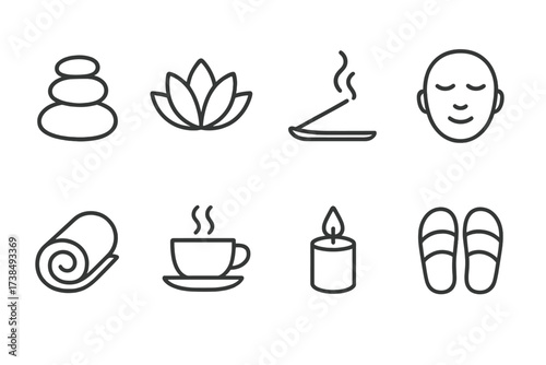 Relaxation Icon Set. Outline icon set of relaxation and steam: zen stones, lotus flower, incense smoke, calm face, towel roll, herbal tea cup, soft light, bath