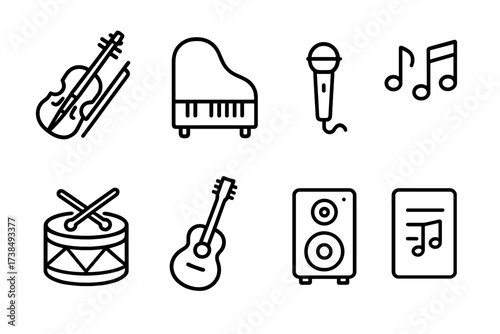 Music Ceremony Icons. Outline icon set of ceremony music: violin, piano, microphone, music notes, drum, guitar, speaker, sheet music. Line icons in only black