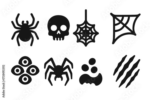 Spooky Spider Icon Set. Solid, filled icon set of spooky spider elements: spider, skull, web, hanging thread, cobweb corner, eye cluster, crawling legs, bite