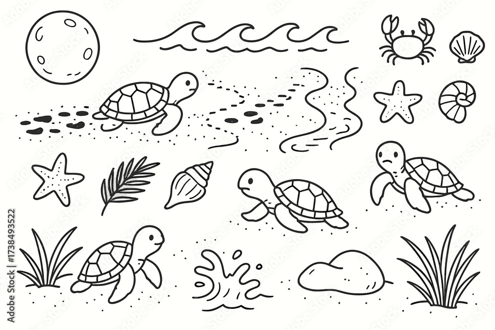 Fototapeta premium Turtle Hatchling Adventure. Hand-drawn doodle illustration Sea turtle hatchlings journey baby turtles, sand, footprints, waves, moon, crab, shell, beach grass,