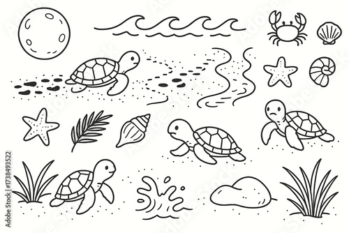 Turtle Hatchling Adventure. Hand-drawn doodle illustration Sea turtle hatchlings journey baby turtles, sand, footprints, waves, moon, crab, shell, beach grass,