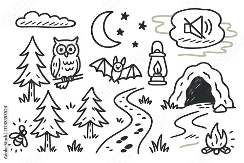 Nighttime Doodle Scene. Hand-drawn doodle illustration darkness outdoors night sky, moon, stars, trees, shadow, owl, bat, lantern, path, footprints, cloud,