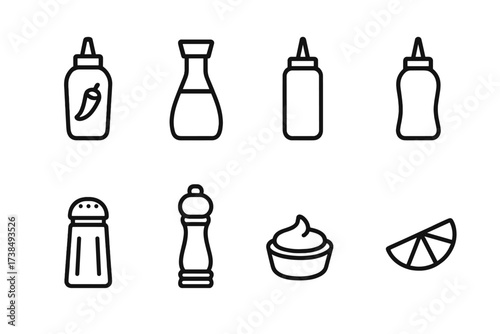 Street Food Icons. Outline icon set of street food spices and condiments: chili sauce, soy sauce, mustard, ketchup, salt shaker, pepper grinder, garlic sauce,