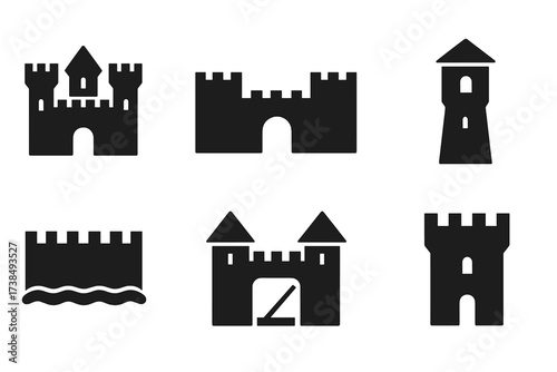 Feudal Architecture Icons. Solid, filled icon set of feudal architecture: castle, fortress, watchtower, moat, drawbridge, gatehouse, keep, battlement. Solid,