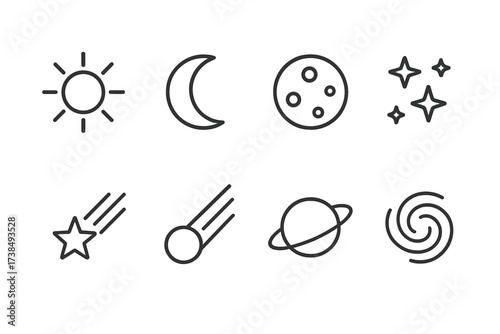 Celestial Icons Grid. Outline icon set of celestial bodies: sun with rays, crescent moon, full moon, star cluster, shooting star, comet, planet, galaxy swirl.