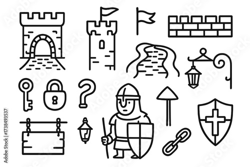 City Gate Doodle. Hand-drawn doodle illustration city gate gate, archway, tower, flag, wall, key, lock, road, cobblestone, lantern, signboard, pathway, guard,