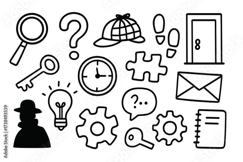 Mystery Doodle Icons. Hand-drawn doodle illustration mystery conundrum magnifying glass, question mark, detective hat, footprints, locked door, key, clock,