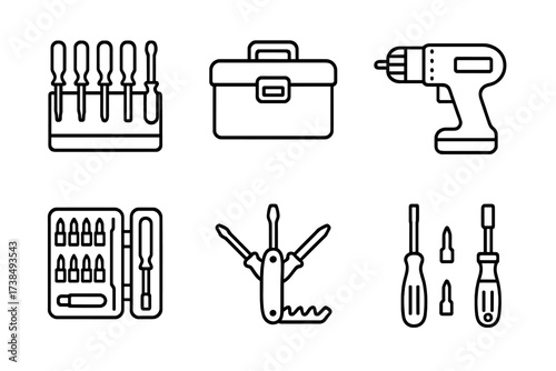 Tool Icon Set. Outline icon set of screwdriver tools set: screwdriver set, tool box, drill driver, bits kit, multi-tool, screwdriver with interchangeable