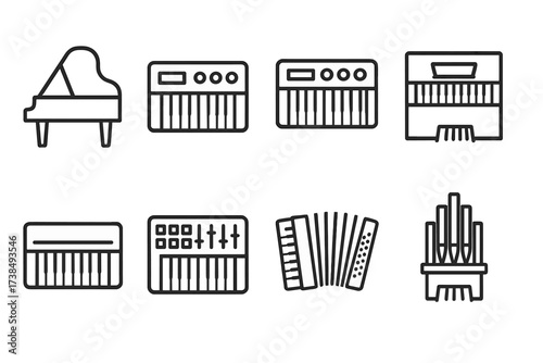 Keyboard Icon Set. Outline icon set of keyboard types: grand piano, electric keyboard, synthesizer, organ, digital piano, MIDI controller, accordion keyboard,