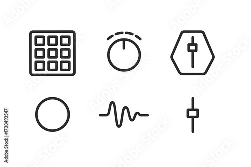 Rhythm Production Icons. Outline icon set of rhythm production: drum pad, volume knob, tempo control, play button, record button, waveform, headphone port,
