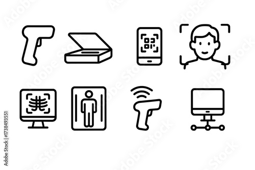 Scan Device Icon Set. Outline icon set of scan devices: handheld scanner, desktop scanner, mobile scanner, facial recognition scanner, x-ray scanner, body