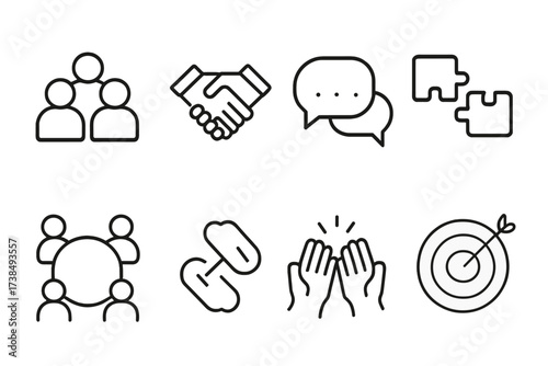 Teamwork Icon Set. Outline icon set of teamwork and collaboration: group, handshake, puzzle pieces, chat bubbles, meeting table, high five, linked chain,