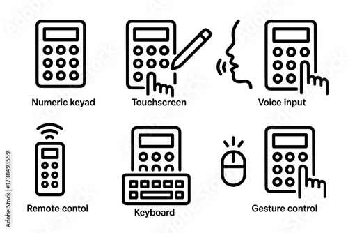 Calculator Input Icons. Outline icon set of calculator input methods: numeric keypad, touchscreen, stylus input, voice input, remote control, keyboard input,