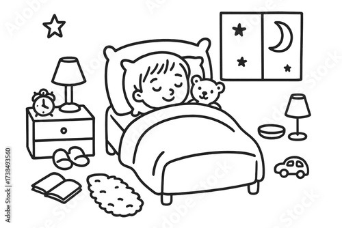 Cozy Bedtime Doodle. Hand-drawn doodle illustration Child tucked in bed under soft nightlight child asleep, bed, blanket, pillow, nightlight, teddy bear, moon,