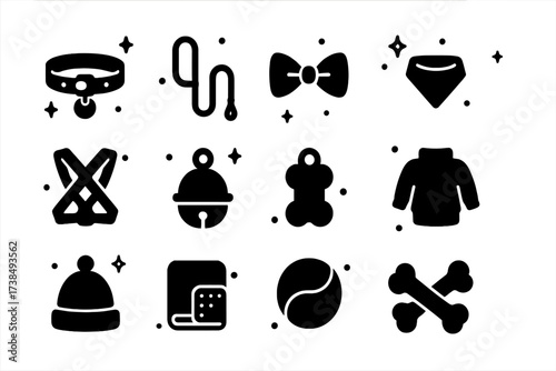Pet Accessories Icons. Pet Accessories. Solid icons set of Pet Accessories: Collar, Leash, Bow Tie, Bandana, Harness, Bell, Tag, Sweater, Hat, Blanket, Toy
