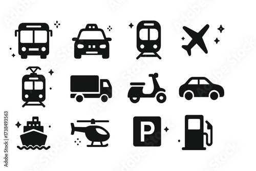 Urban Transport Icons. City Transport. Solid icons set of bus, taxi, metro train, airplane, tram, cargo truck, scooter, car, ferry boat, helicopter, parking