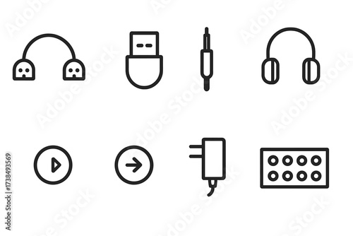 Synth Connectivity Icons. Outline icon set of synthesizer connectivity: MIDI cable, USB port, audio jack, headphone jack, CV input, CV output, power adapter,