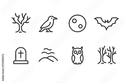 Eerie Nature Icons. Outline icon set of eerie nature: barren tree, crow, full moon, bat, gravestone, foggy hill, owl, haunted forest. [Line icons in only black