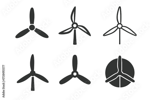 Wind Energy Logos. Wind turbine networks. Set Logo of wind energy: stylized rotating blades. harmonious logo variations of the same emblematic concept, each