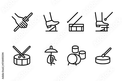 Electronic Drum Techniques Icons. Outline icon set of electronic drum playing techniques: stick grip, foot pedal press, rimshot strike, hi-hat foot, drum roll,