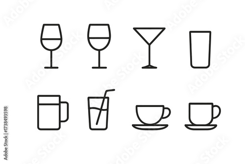 Dinner Drinks Icons. Outline icon set of dinner drinks: red wine glass, white wine glass, cocktail glass, water glass, beer mug, juice glass, tea cup, coffee