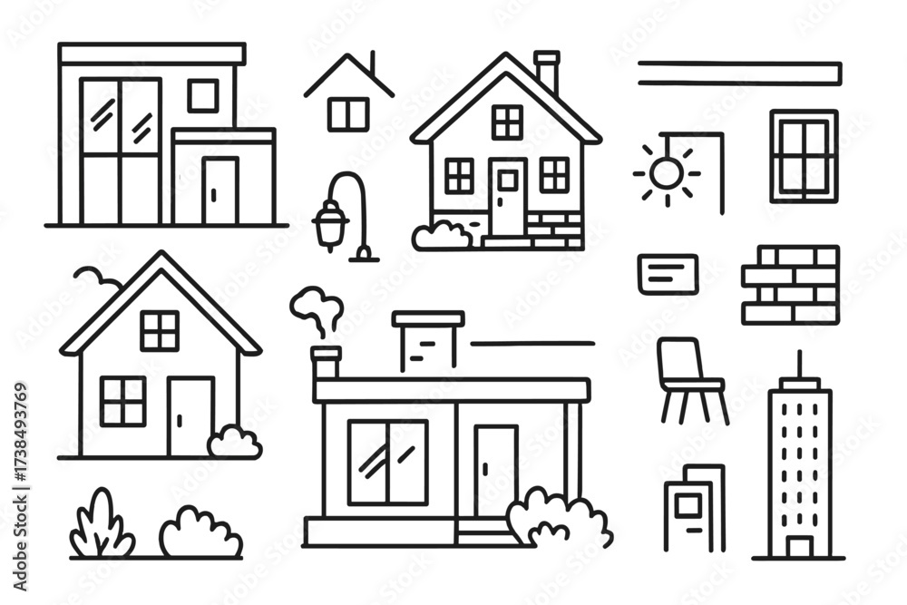 Fototapeta premium Home Design Doodle. Hand-drawn doodle illustration exterior home design styles modern house, traditional house, pitched roof, flat roof, glass windows, wooden