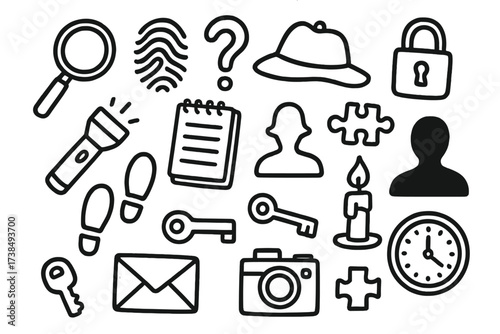 Mystery Investigation Icons. Hand-drawn doodle illustration mystery investigation magnifying glass, fingerprint, question mark, detective hat, notebook,