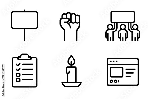 Activism Icon Set. Outline icon set of political activism: protest sign, raised fist, megaphone, picket line, petition, candlelight vigil, social media post,